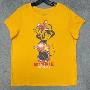 Disney Minnie Mouse T Shirt Women's Sz L Yellow Patchwork Bow Sandal Skirt Tee